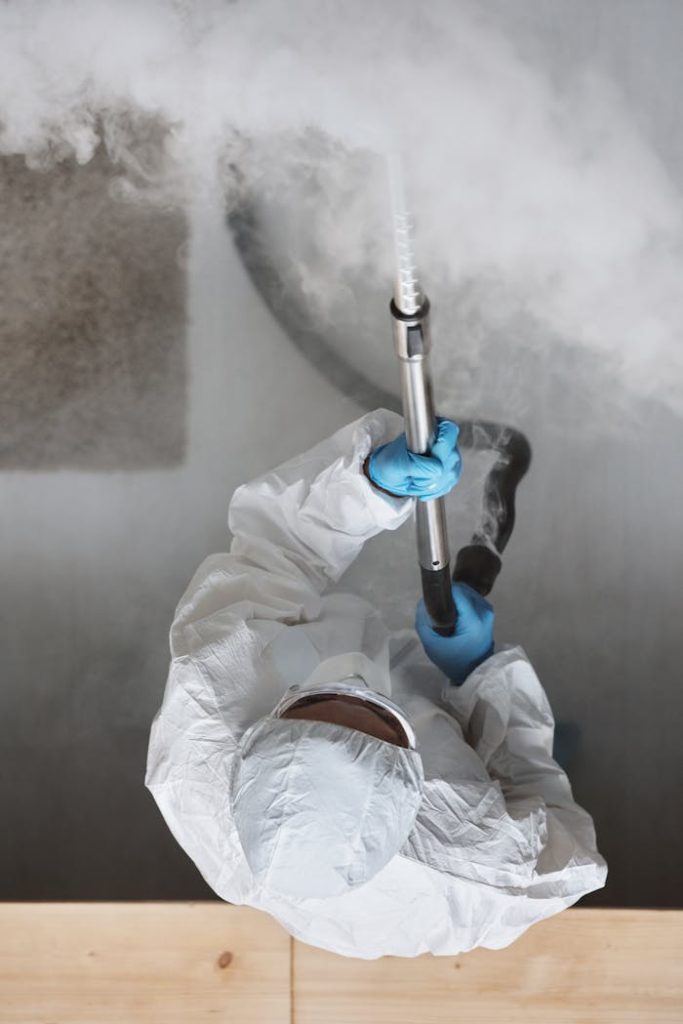person-wearing-personal-protective-equipment-spraying-smoke-4176539 Man in protective suit sanitizes with a fogger from above.